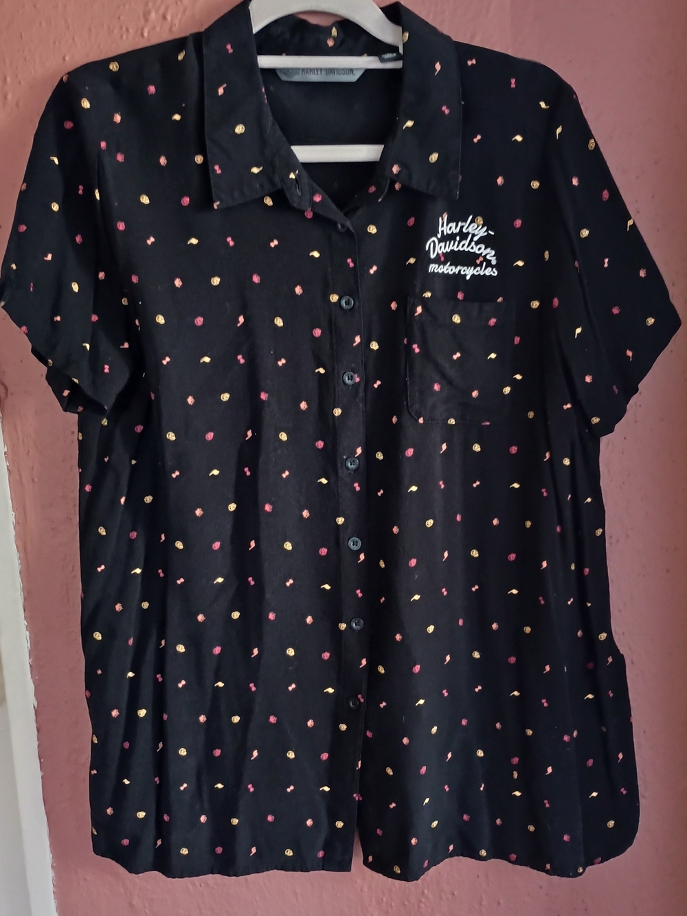 Harley-Davidson Black Button-Up Shirt with Pink & Gold Dot Print